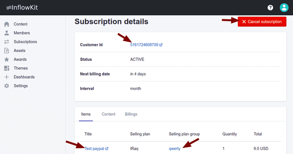 Screenshot showing manage subscriptions