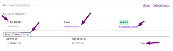 Screenshot showing manage subscription