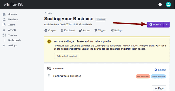 Screenshot showing course settings